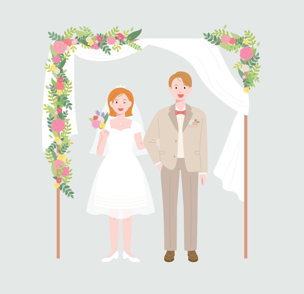 A cute bride in a miniskirt and a cute ponytail in a bow tie stand under a frame decorated with flowers. vector