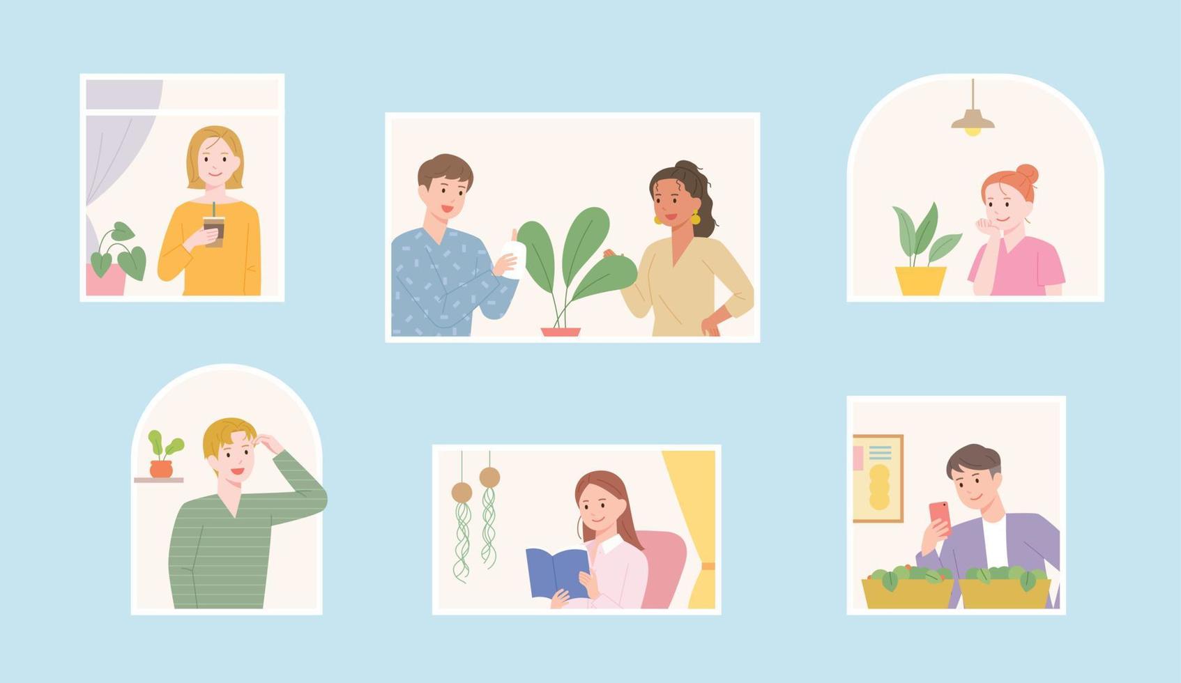 la vida de los vecinos vista a través de la ventana. la gente está cultivando plantas. vector