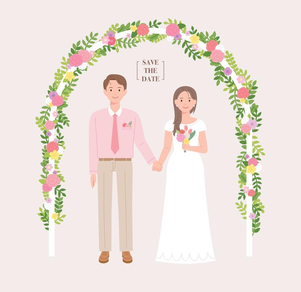 Bride and groom characters holding hands under an arch decorated with flowers. vector