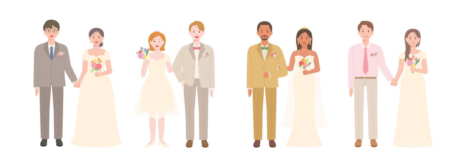 colección de lindos personajes de novia y novio en vestidos de novia. vector