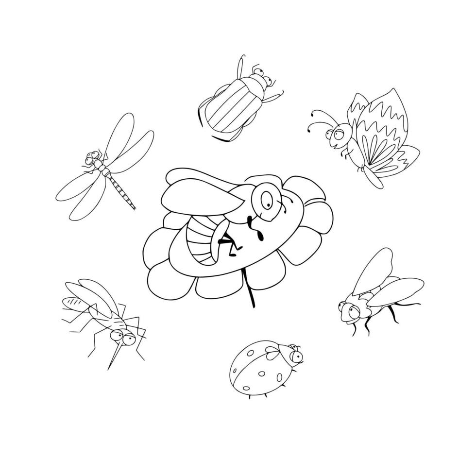 conjunto de insectos voladores. mariposa, mosca, mosquito, abeja, escarabajo, libélula y mariquita ilustración vectorial en estilo dibujado a mano en blanco y negro vector