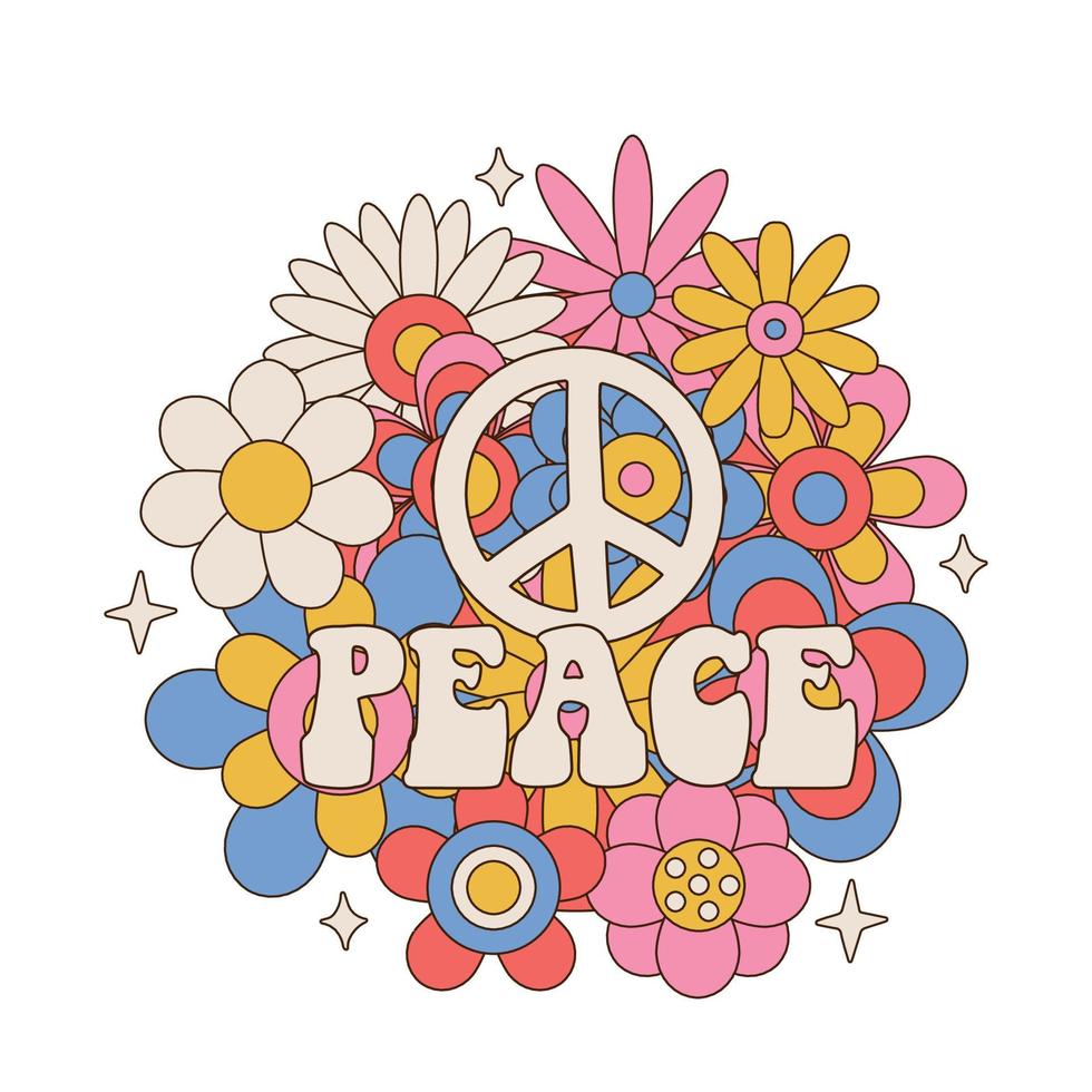 Peace sign and word on colorful flowers round daisy bouquet isolated on white background. Linear color vector illustration.