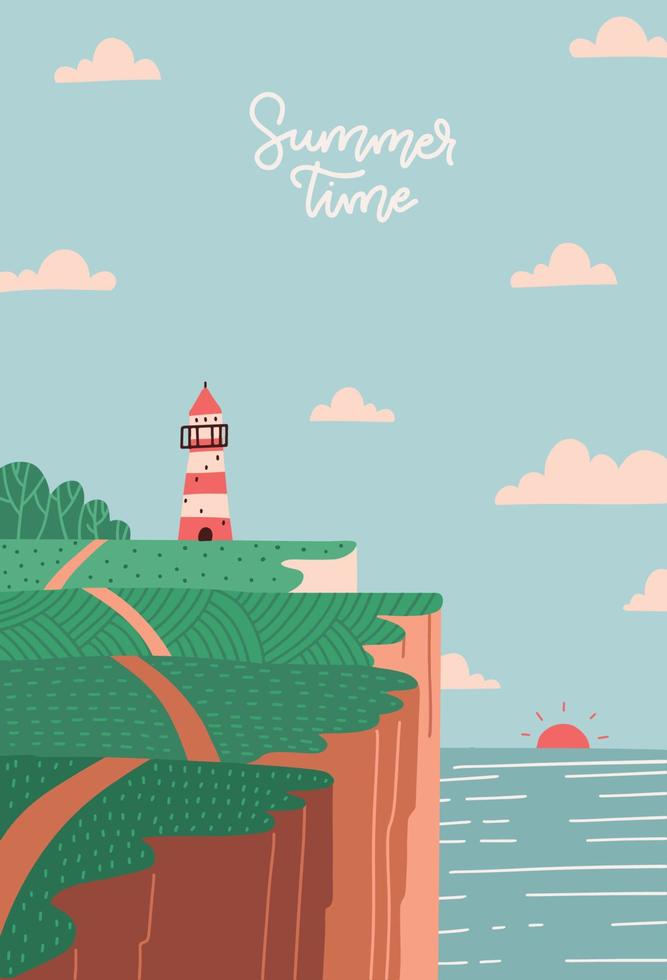 plantilla de postal de verano con faro en la ladera del banco, paisaje costero. paisaje marino con faro en acantilado y sol poniente. ilustración dibujada a mano plana vectorial con letras - horario de verano. vector