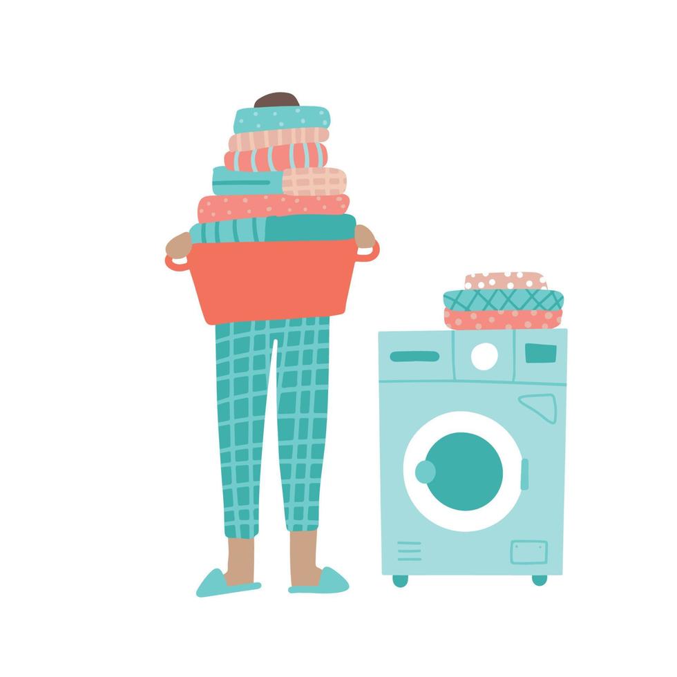 Man or woman holding stack of clean folded clothes, laundry theme. Big pile of freshly laundered laundry after a machine wash. Flat hand drawm vector illustration design