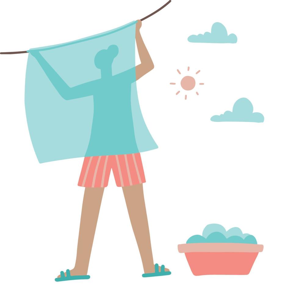 Concept of drying clothes. Woman hanging wet clothes on a clothesline