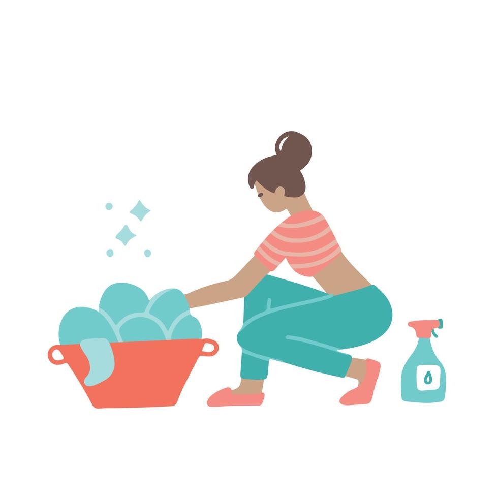 mujer lavando su ropa a mano y lavando la ropa en cuclillas. actividad de la gente del hogar. ilustración dibujada a mano plana vectorial. vector