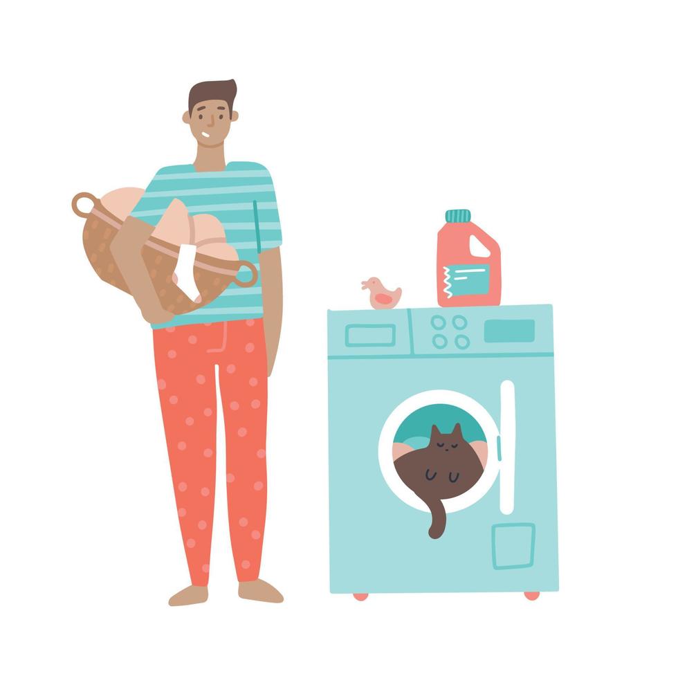 Young smiling man standing holding basket with dirty clothes near washing machine for making laundry. Boy looking at Naughty cat in washer. Washing service, housework concept. Flat vector illustration