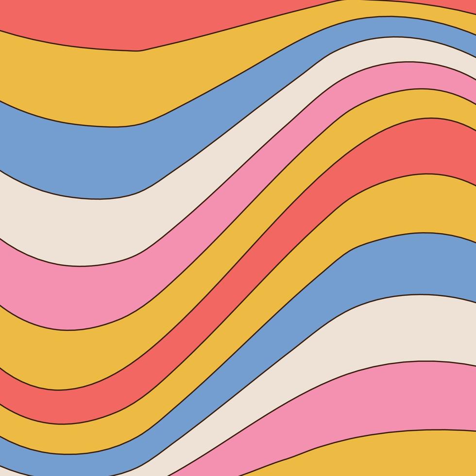 Warped wavy stripes in retro colors. 70s style groovy background. Vector hand drawn illustration with linear contour.