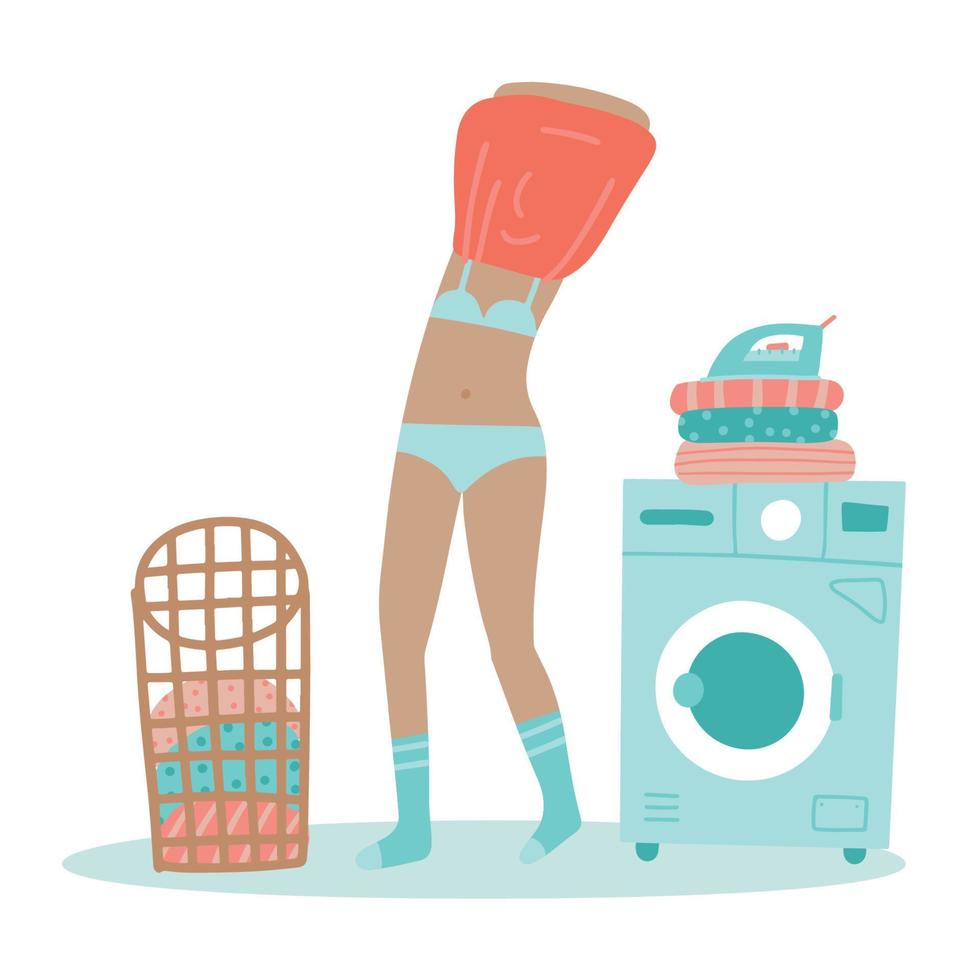 Female character takes off her sweater. Funny Woman in underwear and socks wants to start washing machine. Girl taking off her clothes to put in the laundry basket. Vector Flat hand drawn illustration