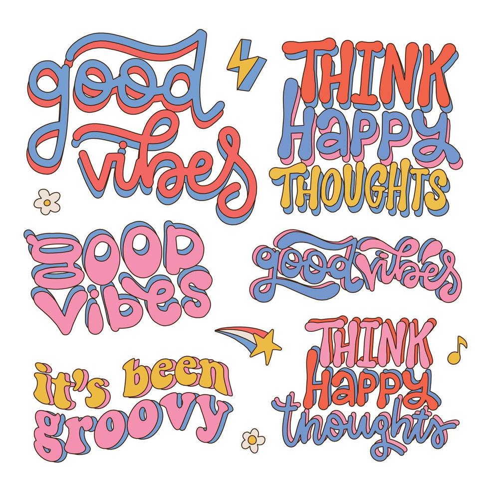 Colorful retro set of inspirational lettering and typographic quotes in style 60s, 70s. Modern vector text design for posters, t-shirt, cards and stickers.