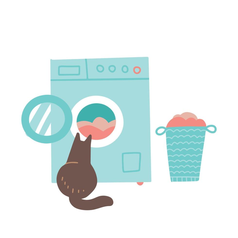 Cat looking in open washing machine. Washer and laundry basket with clothes. Cozy home concept. Vector flat illustration.