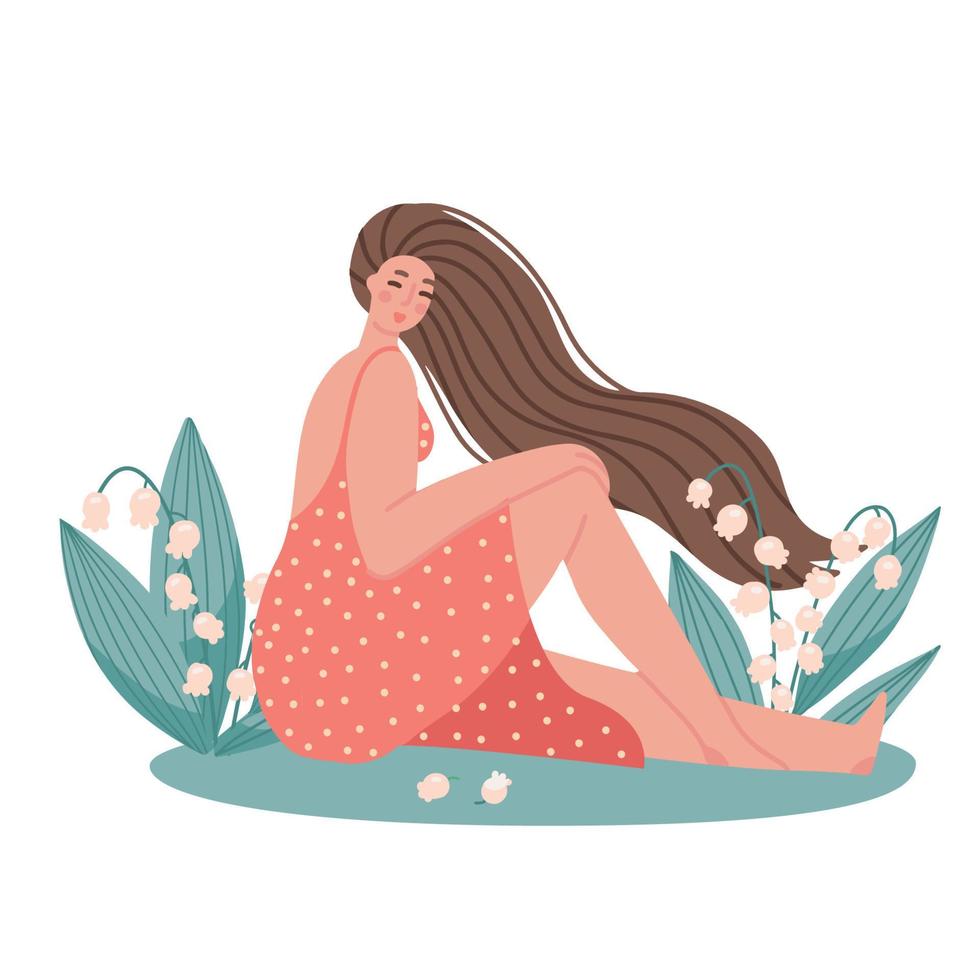 mujer feliz sentada en un prado verde con lirios del valle. personaje femenino primaveral vestido con flores. una joven con un vestido rojo de pelo largo. ilustración vectorial plana aislada en blanco vector