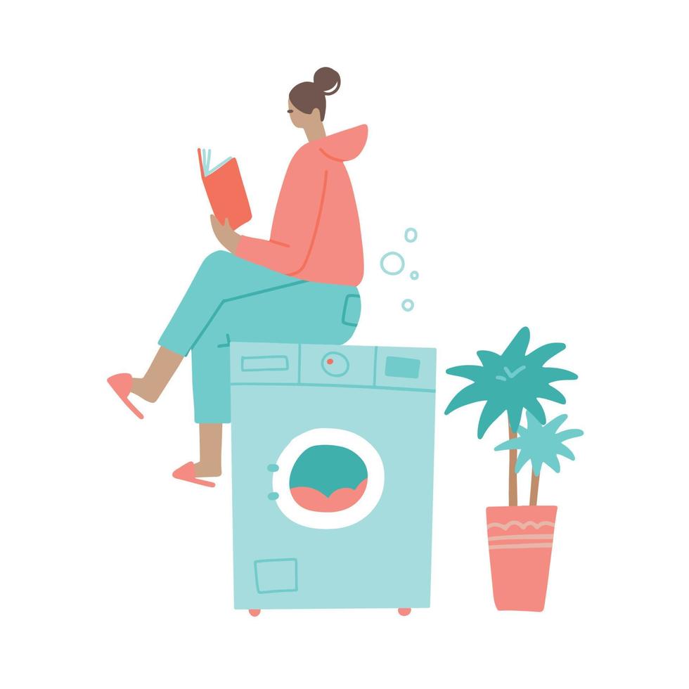 mujer joven sentada en la lavadora y leyendo un libro mientras espera al final del ciclo de lavado. ama de casa haciendo rutina. ilustración dibujada a mano plana vectorial. vector
