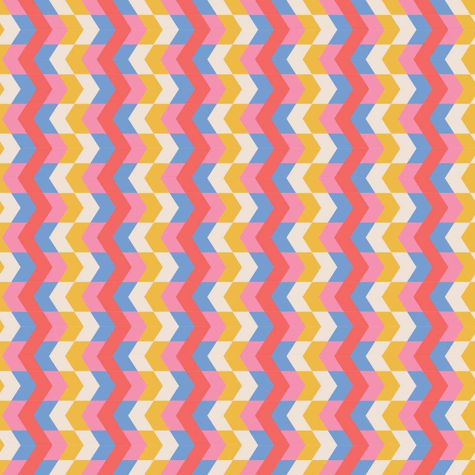 Retro Groovy Zigzag Psychedelic seamless pattern. Checkerboard in 70s years style Background. Stationary Fashion Textile Repeat backdrop. Vector illustration