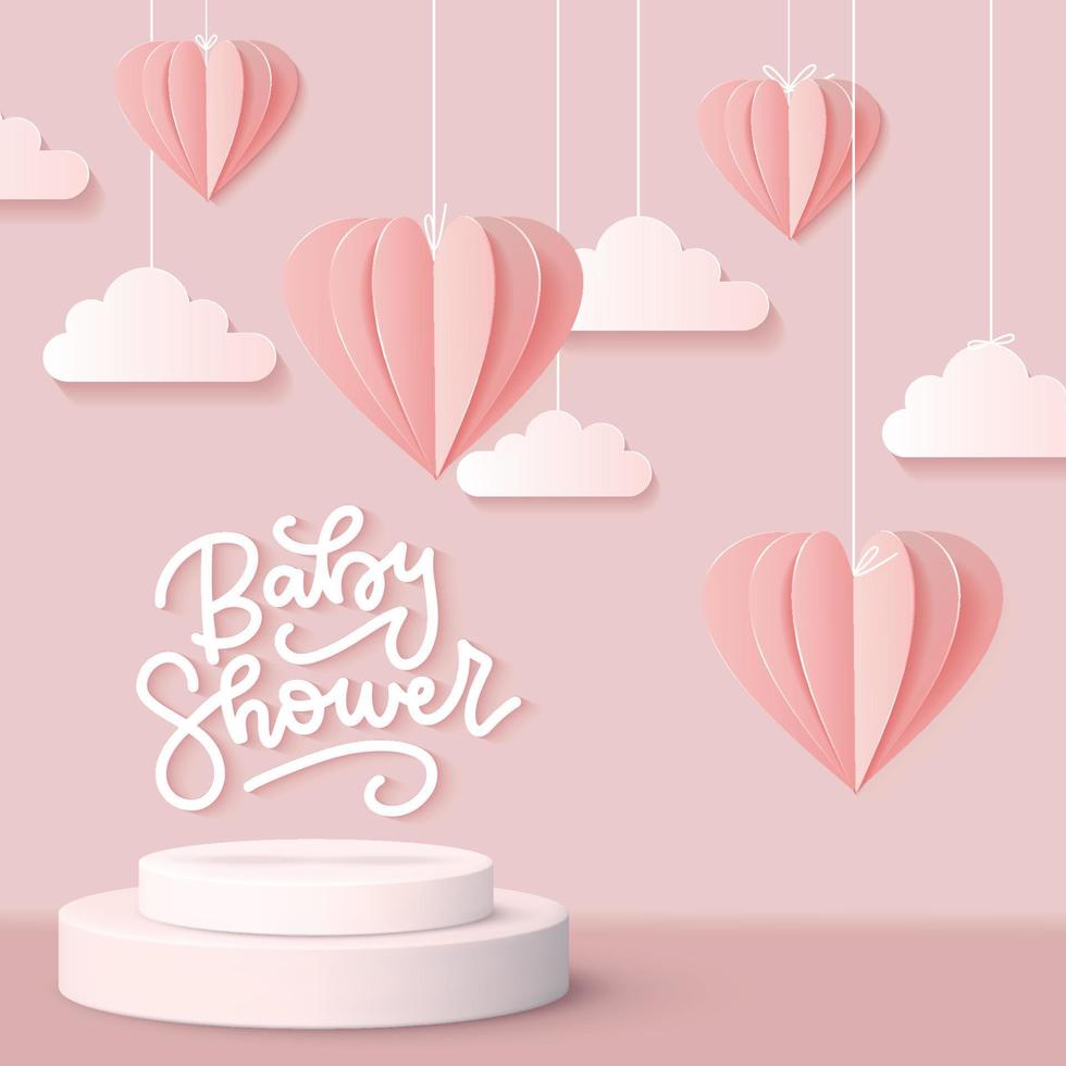 tarjeta de felicitación de baby shower para niña en cielo rosa con corazones y nubes cortados en papel 3d. podio de cilindro realista con espacio de copia para fotos de bebés. vector lindo telón de fondo para recién nacido