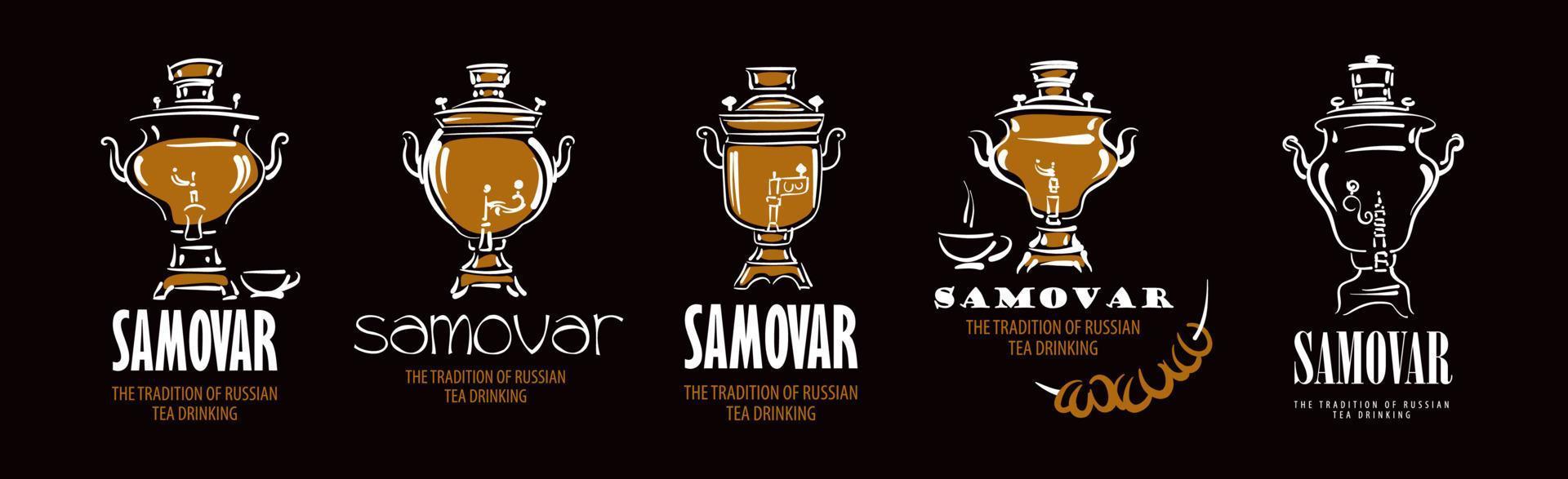 un conjunto de logotipos vectoriales samovar sobre un fondo negro vector