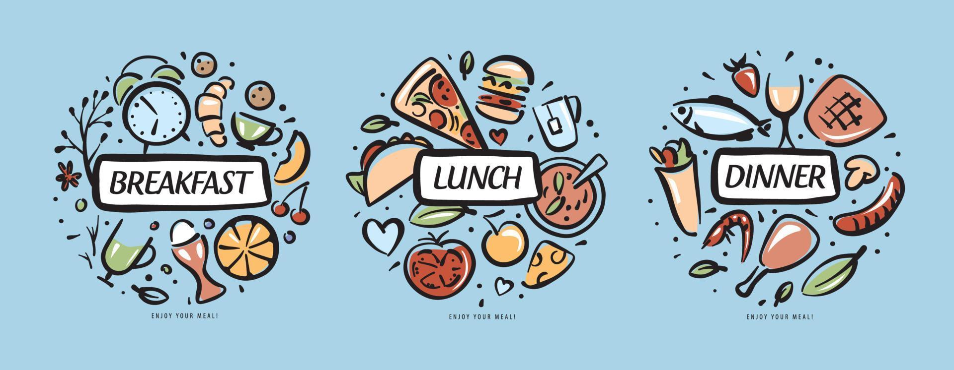 Drawn sets of products for breakfast, lunch and dinner vector
