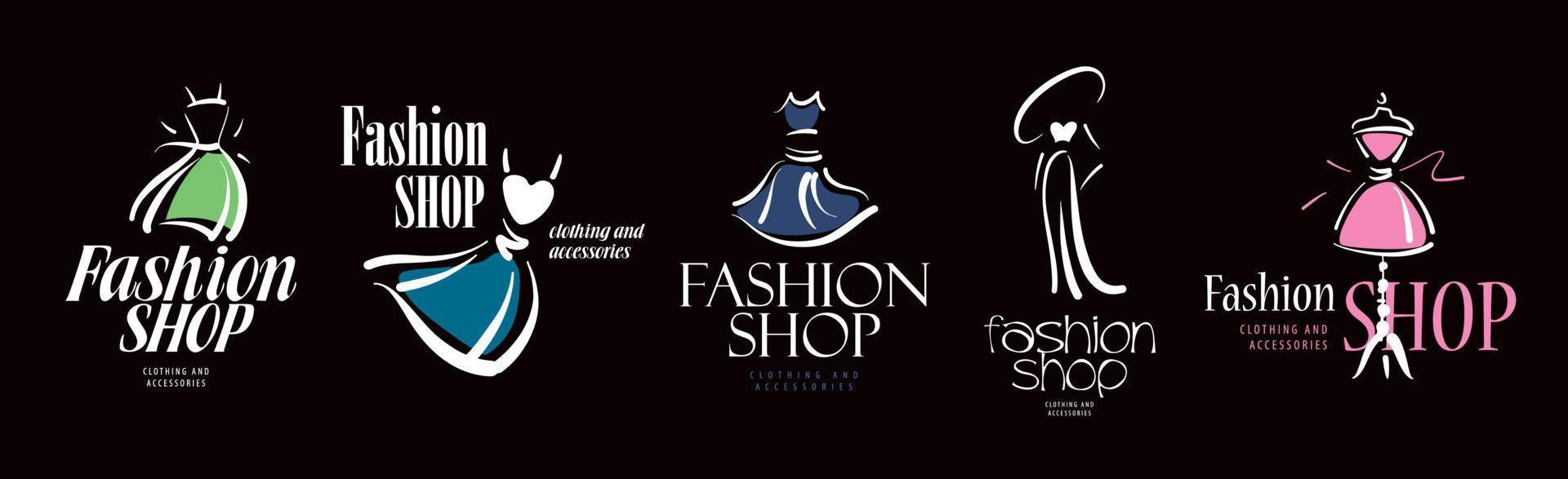 A set of vector drawn Fashion logos on a black background