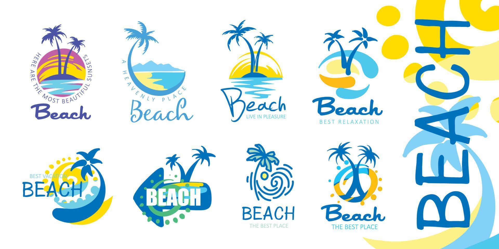 A set of vector icons for the beach with the image of a palm tree and the sea