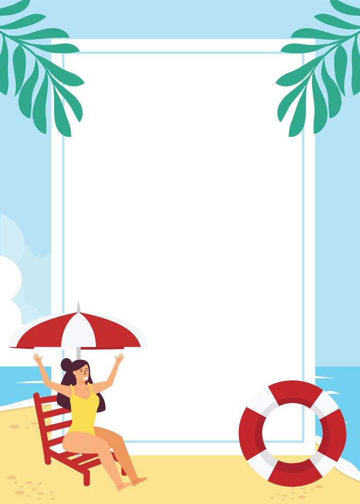 Girl on beach with deck chair  Summer Background vector