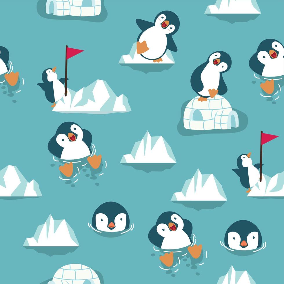 lindo, pingüino, caricatura, seamless, patrón, plano de fondo vector