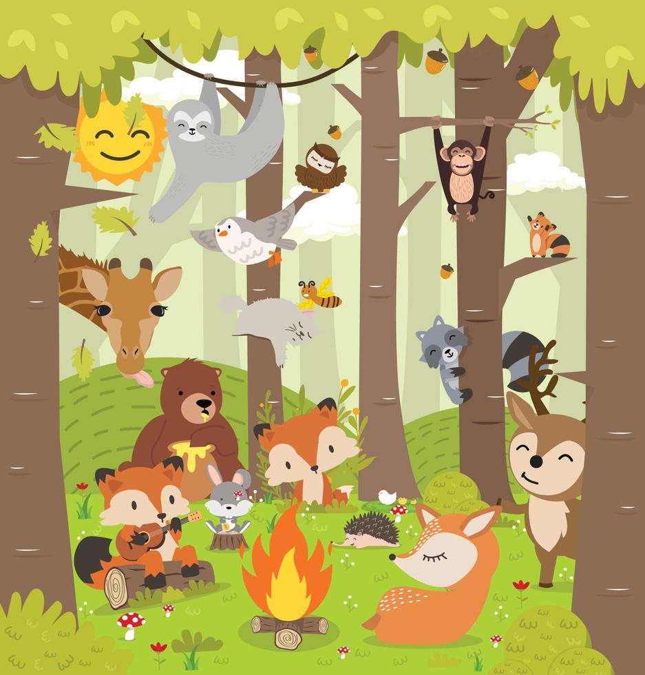 Cute woodland forest animals cartoon background vector