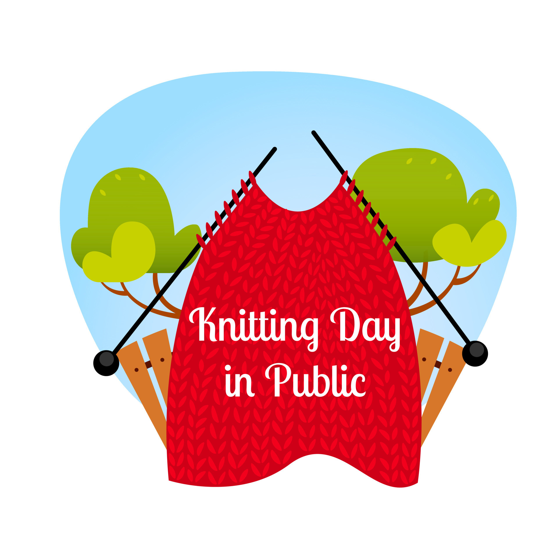 Knitted fabric on the needles on park background. Knitting day in