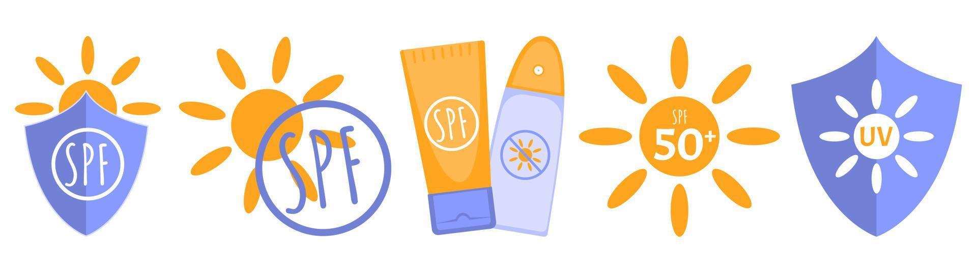 Set of Sun Protection Vector Icons. Shield Protecting Against UV Radiation, SPF 50, Sunscreen Lotion.