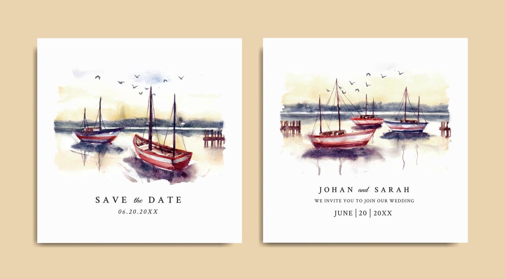 Watercolor wedding invitation of sunset nature landscape with harbor and boat vector