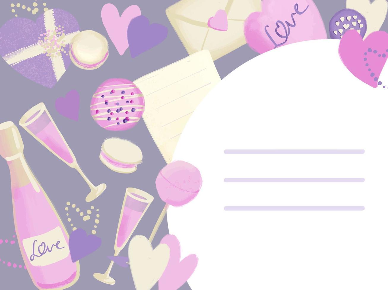 Romantic frame with love illustration background card in pink purple color vector