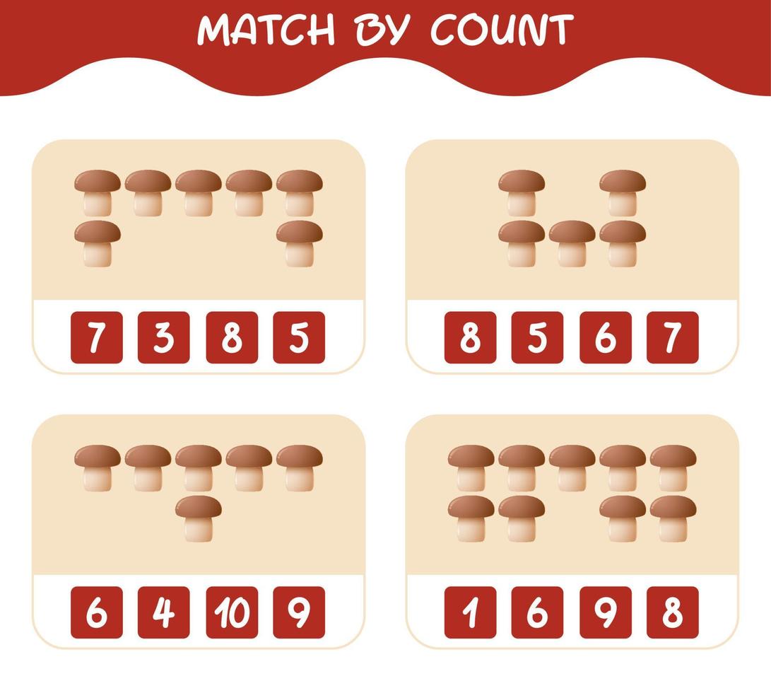 Match by count of cartoon mushroom. Match and count game. Educational game for pre shool years kids and toddlers vector