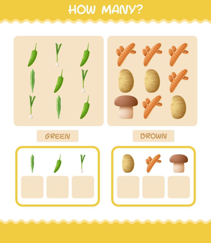 How many cartoon vegetables. Counting game. Educational game for pre shool years kids and toddlers vector