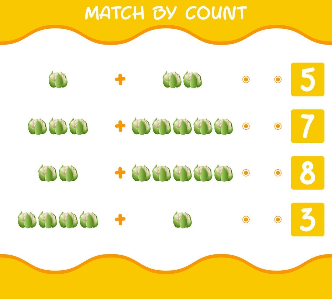 Match by count of cartoon cauliflower. Match and count game. Educational game for pre shool years kids and toddlers vector