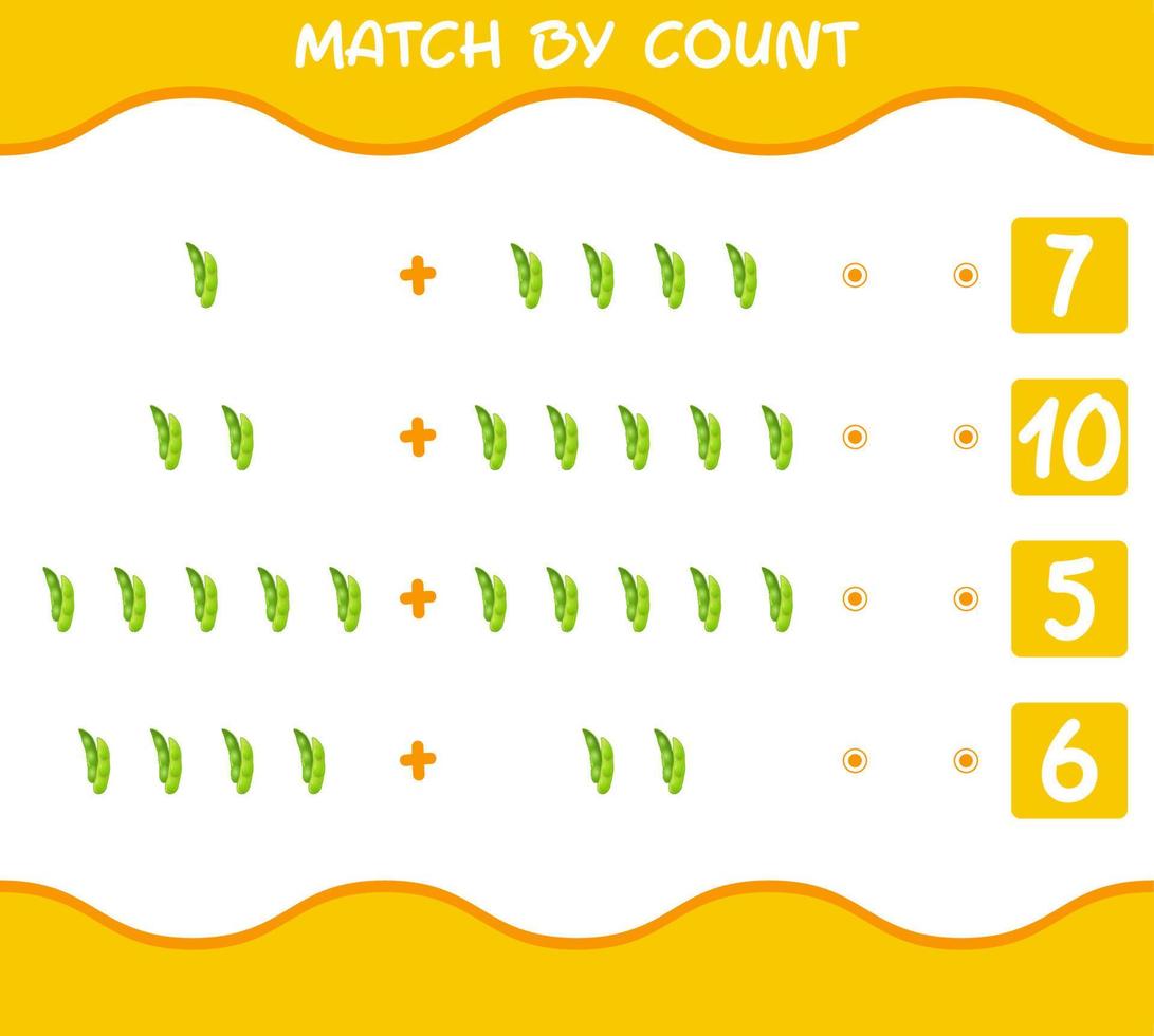 Match by count of cartoon edamame. Match and count game. Educational game for pre shool years kids and toddlers vector