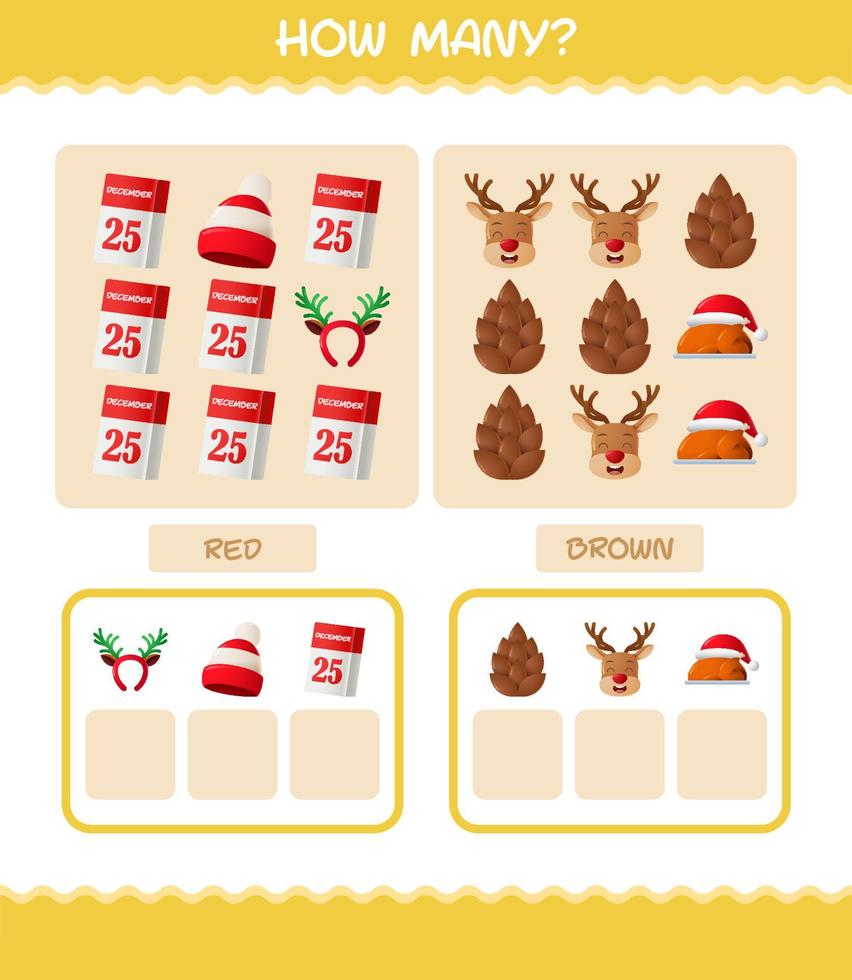 How many cartoon christmas. Counting game. Educational game for pre shool years kids and toddlers vector