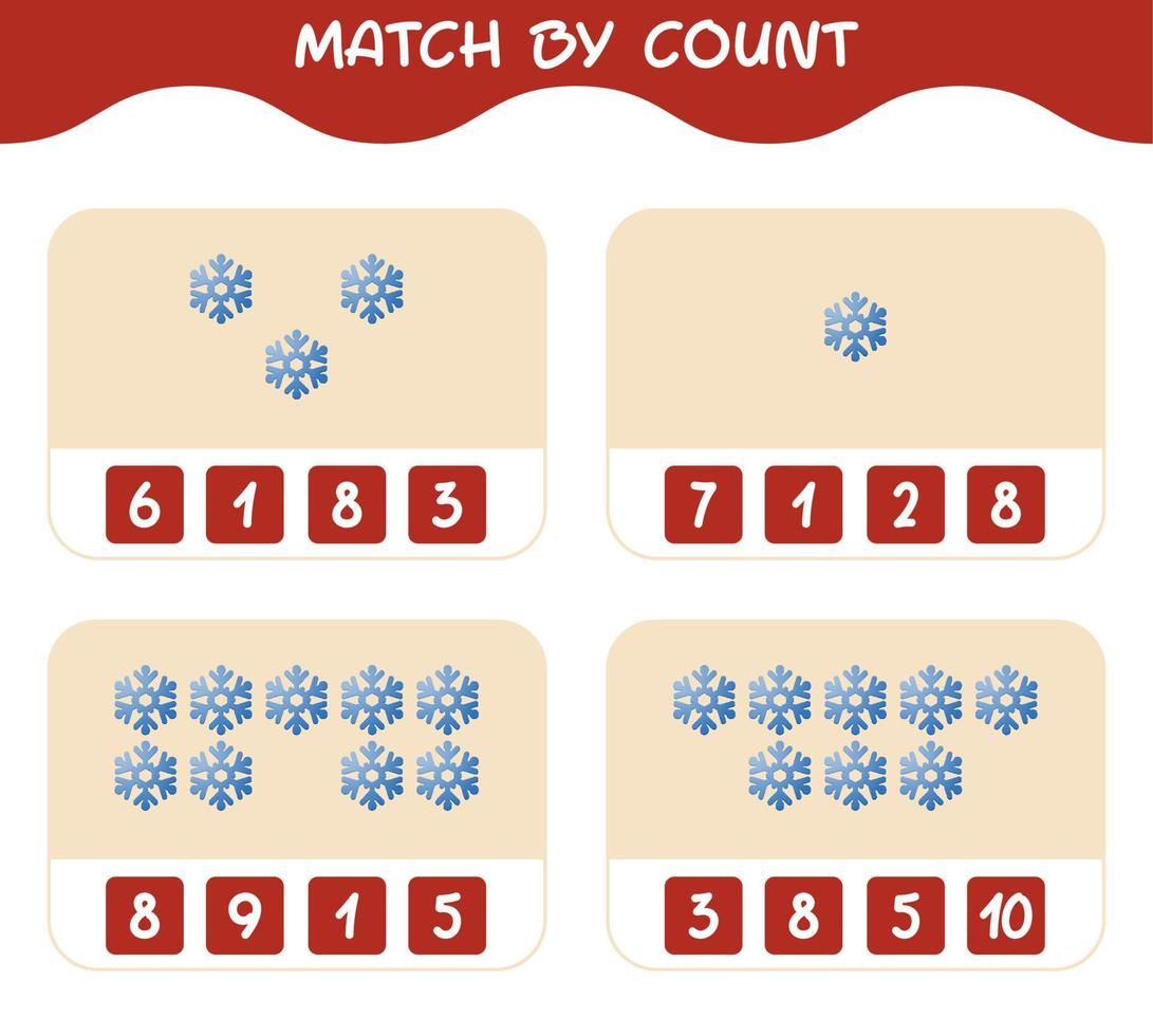 Match by count of cartoon snowflake. Match and count game. Educational game for pre shool years kids and toddlers vector