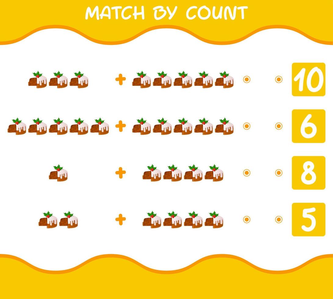 Match by count of cartoon christmas cake. Match and count game. Educational game for pre shool years kids and toddlers vector