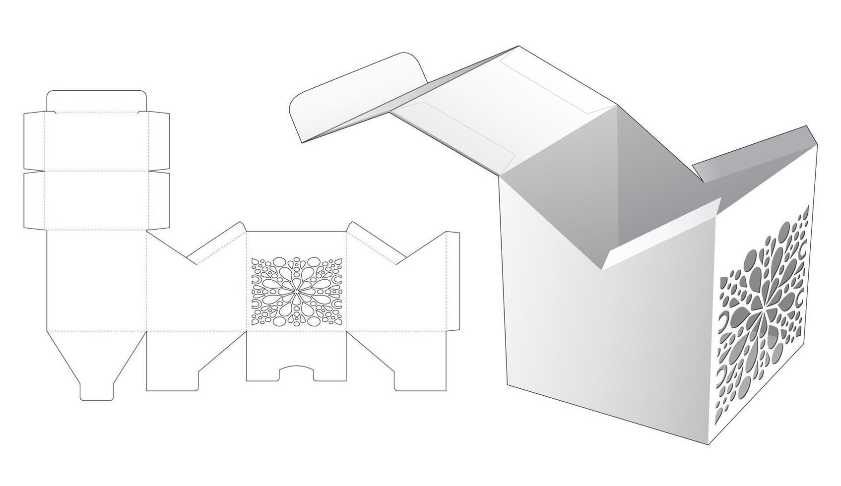 Packaging box with stenciled mandala window die cut template and 3D mockup vector