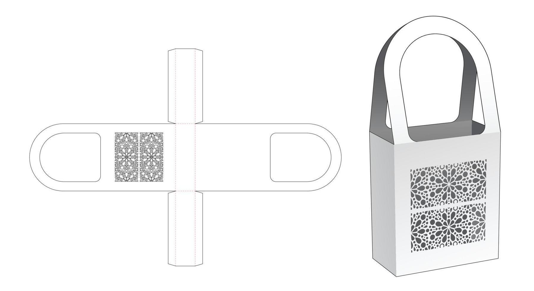 bolsa de cartón con asa alta y plantilla troquelada de mandala estampada vector