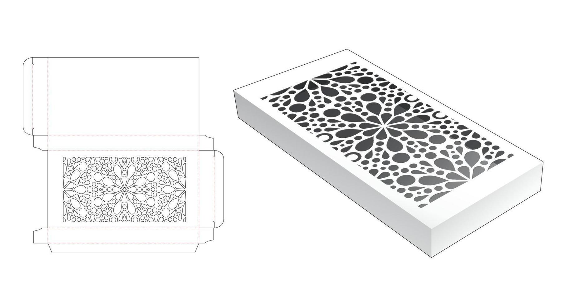 Tin rectangular packaging with stenciled mandala window die cut template vector
