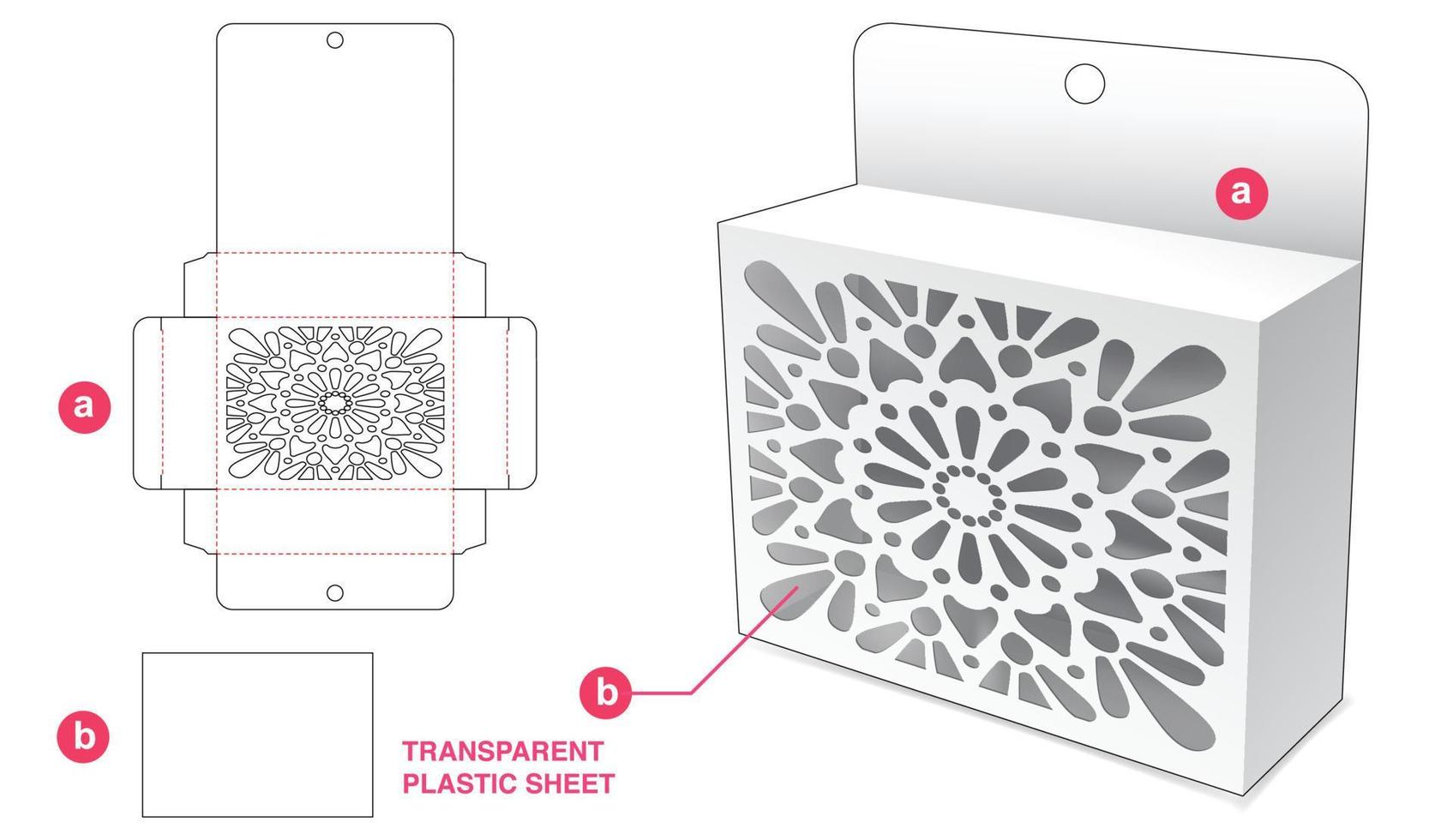 Cardboard hanging packaging with stenciled mandala and transparent plastic sheet die cut template vector