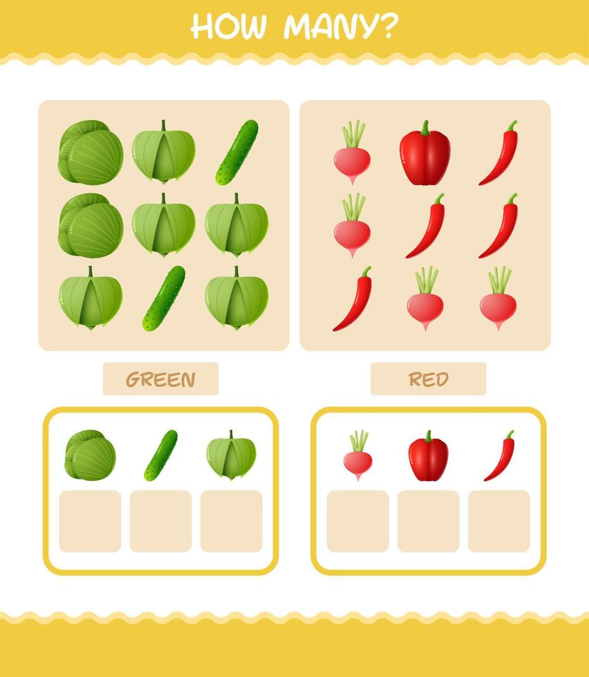 cuántas verduras de dibujos animados. juego de conteo juego educativo para niños de edad preescolar y niños pequeños vector