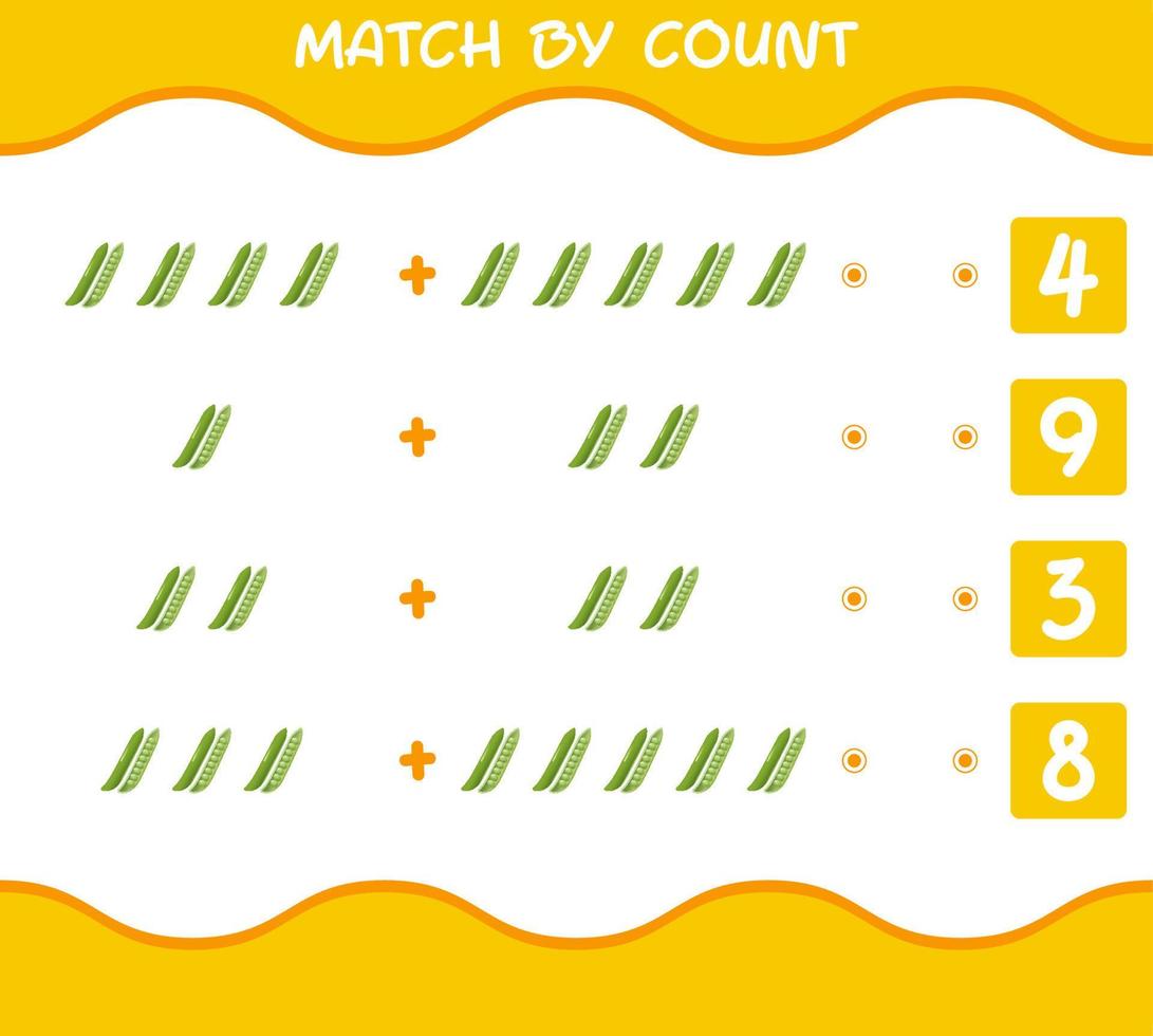 Match by count of cartoon green pea. Match and count game. Educational game for pre shool years kids and toddlers vector