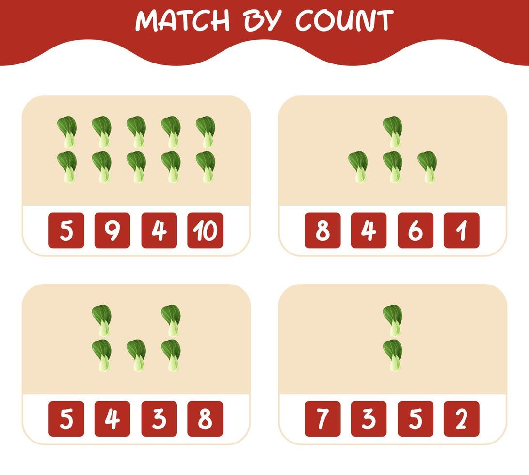 Match by count of cartoon bok choy. Match and count game. Educational game for pre shool years kids and toddlers vector