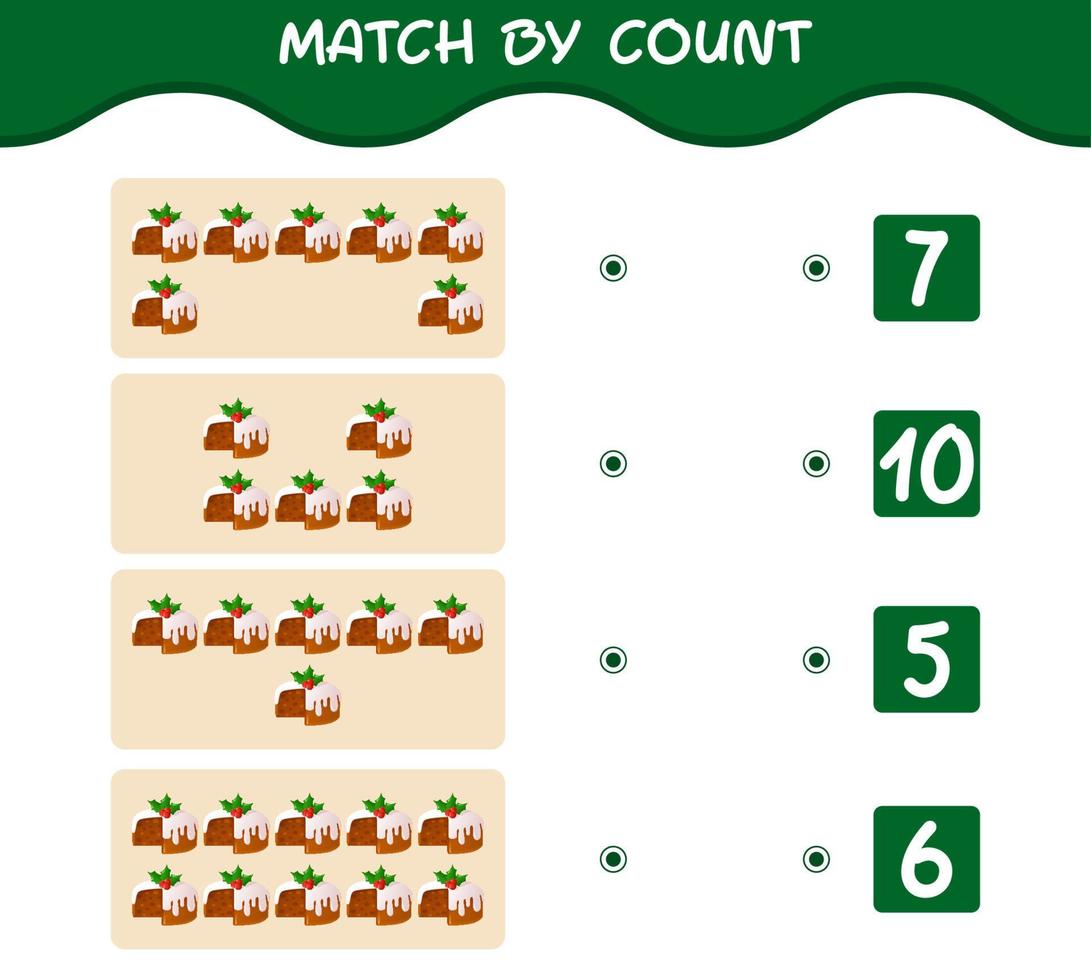 Match by count of cartoon christmas cake. Match and count game. Educational game for pre shool years kids and toddlers vector