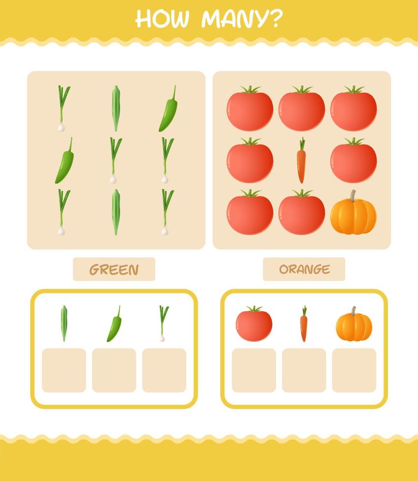 cuántas verduras de dibujos animados. juego de conteo juego educativo para niños de edad preescolar y niños pequeños vector