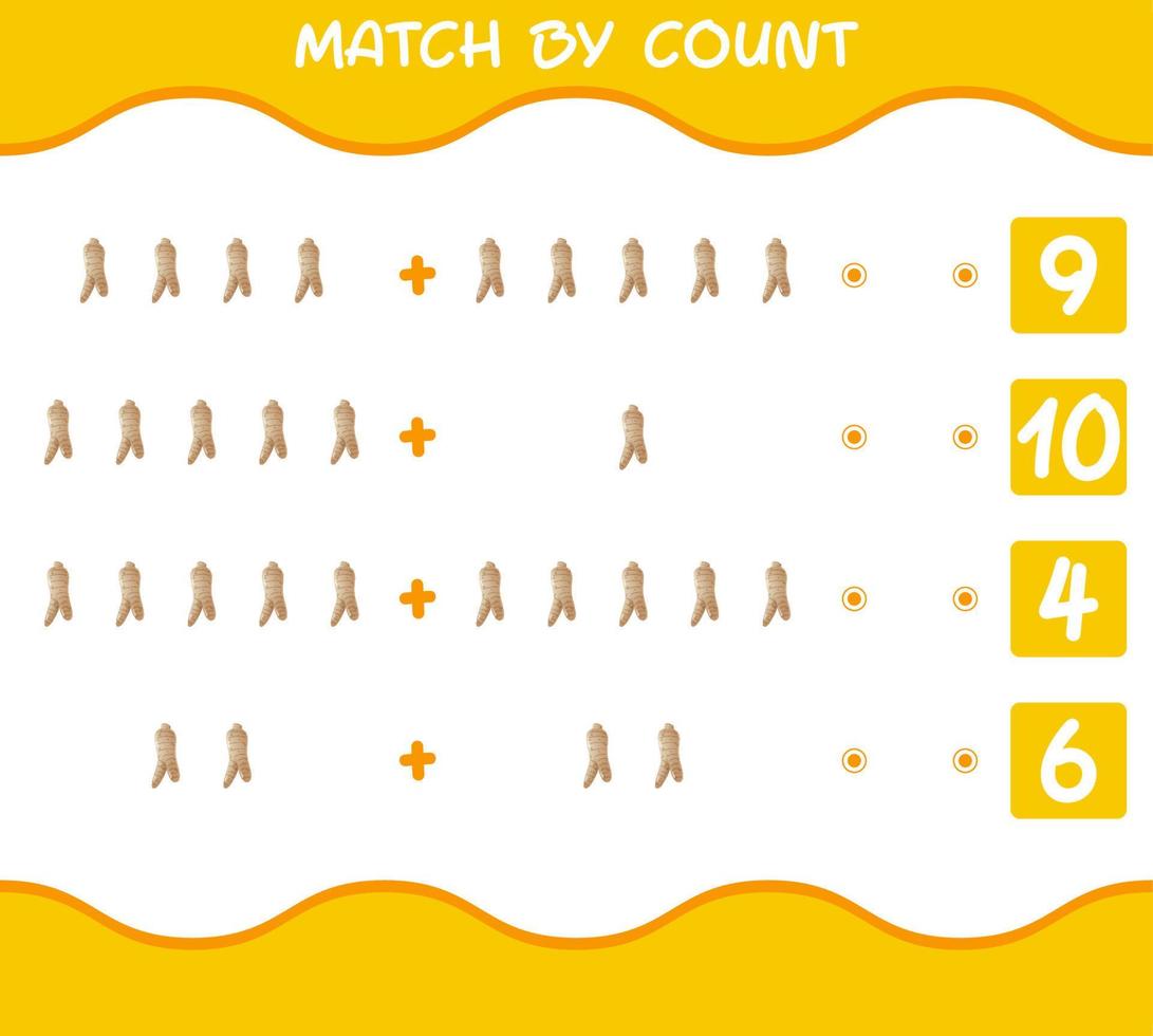 Match by count of cartoon ginseng. Match and count game. Educational game for pre shool years kids and toddlers vector