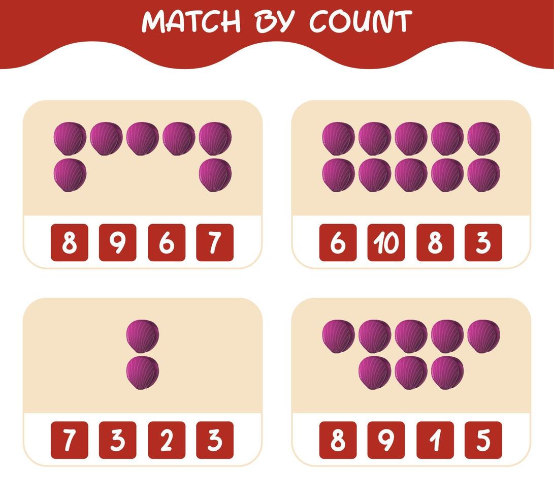 Match by count of cartoon red cabbage. Match and count game. Educational game for pre shool years kids and toddlers vector