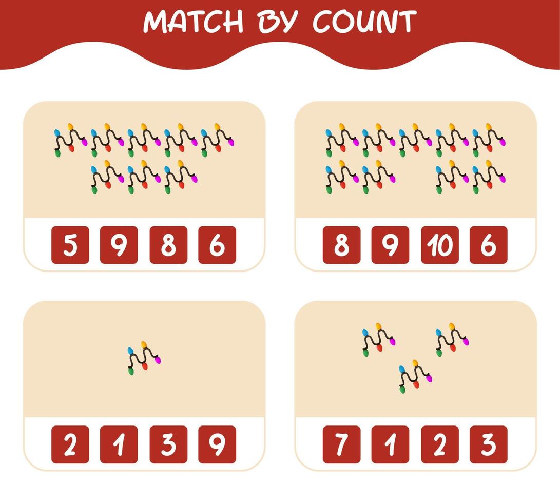 Match by count of cartoon string light. Match and count game. Educational game for pre shool years kids and toddlers vector