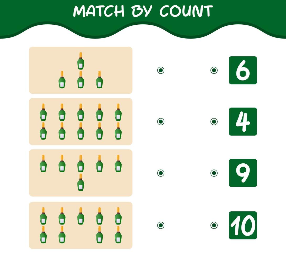 Match by count of cartoon champagne bottle. Match and count game. Educational game for pre shool years kids and toddlers vector
